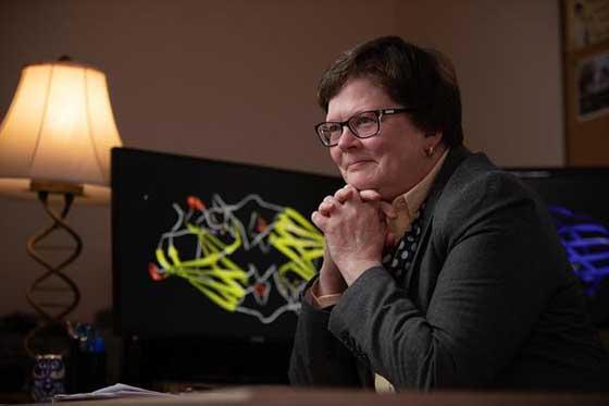 Photo of Dr. 丽莎·兰伯特(Lisa Lambert)坐在桌子旁，身后放着一台电脑显示器和一盏灯